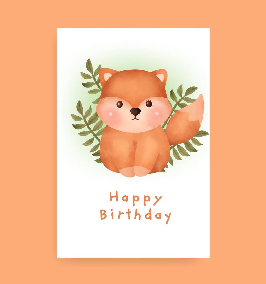 Birthday card with cute fox in watercolor style vector