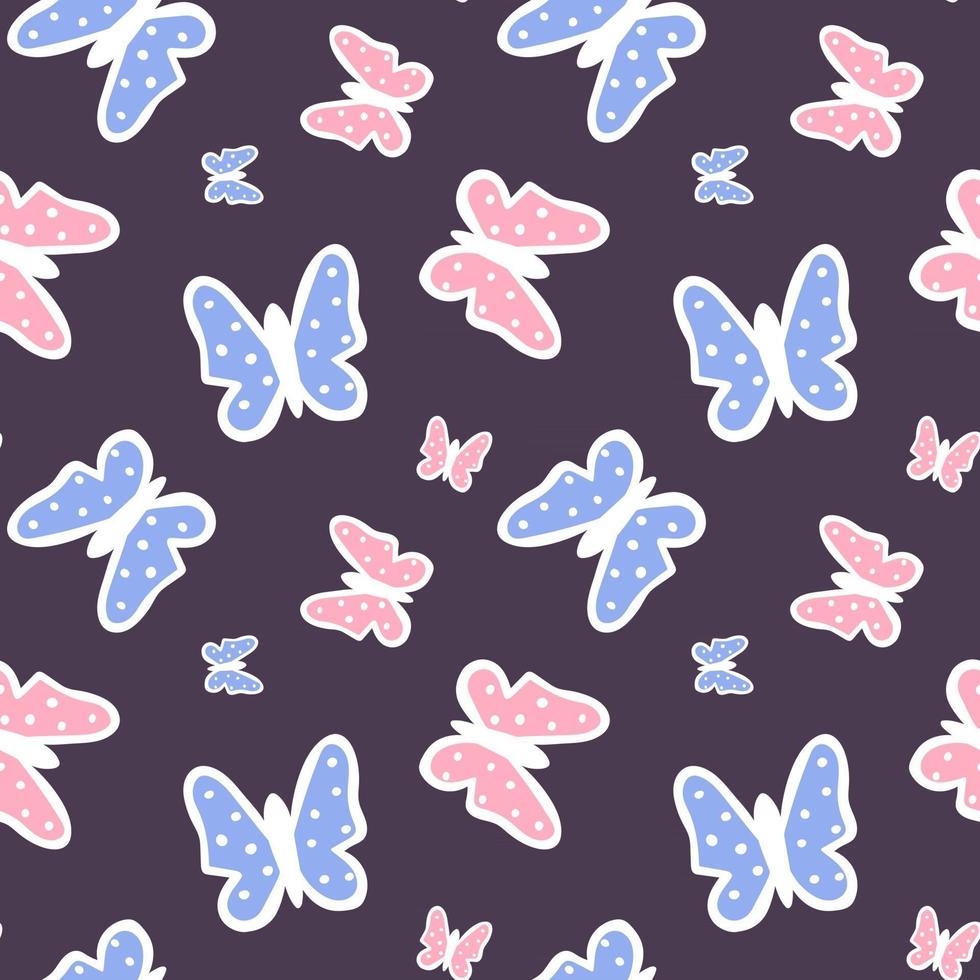 Multicolored butterflies on a dark background. Seamless pattern for the nursery. Vector endless texture