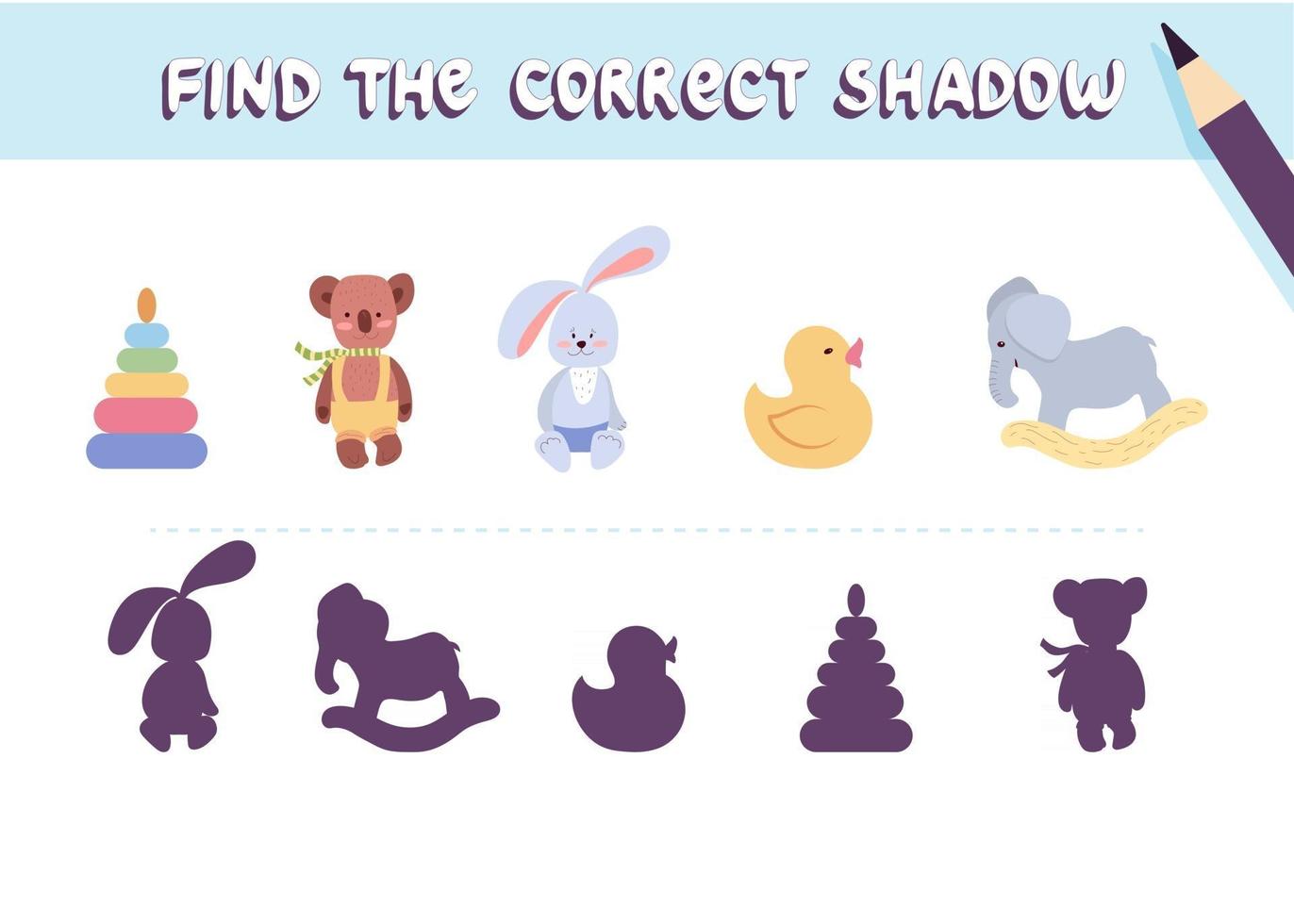 Find the correct shadow. Cute nursery toys. Educational game for kids. Collection of children's games. Vector illustration in cartoon style