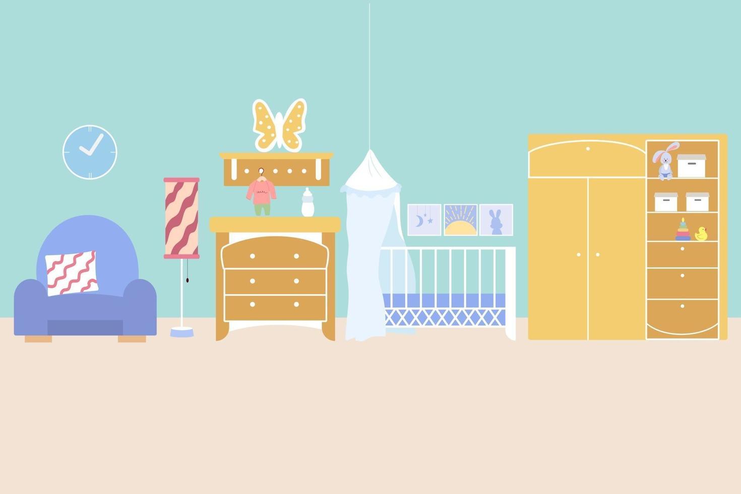Children's room interior with a crib, a wardrobe with toys, a shelf, a chest of drawers and an armchair. Vector illustration in flat style. Nursery room