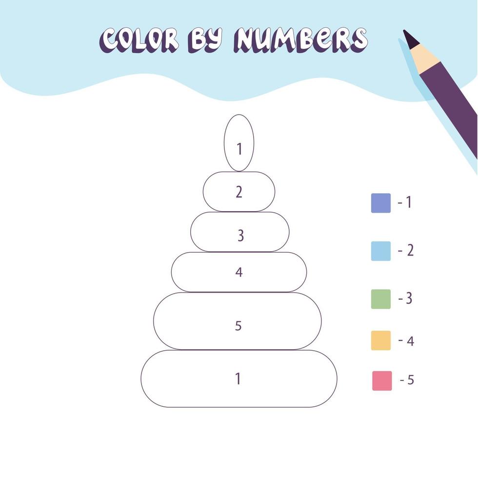Coloring page with cute kid pyramide. Color by numbers. Educational kid game, drawing childrens activity, printable worksheet. vector