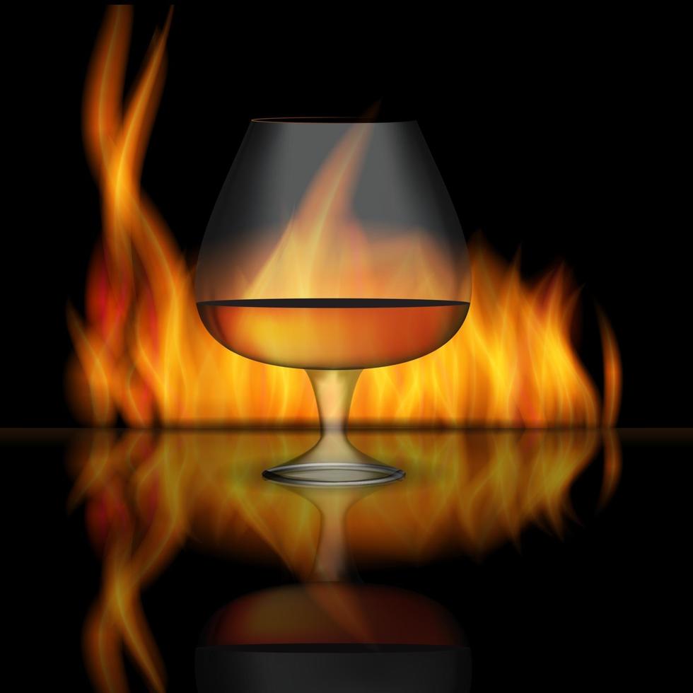 Glass Collector 50 year-old French Cognac on Background of Burning Fireplace Fire. Vector Illustration.