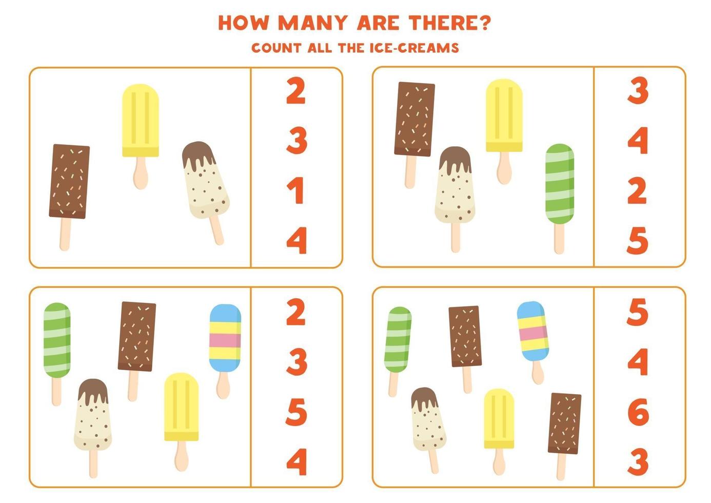 Educational worksheet for preschool kids. How many are there. Count all the ice-creams. vector
