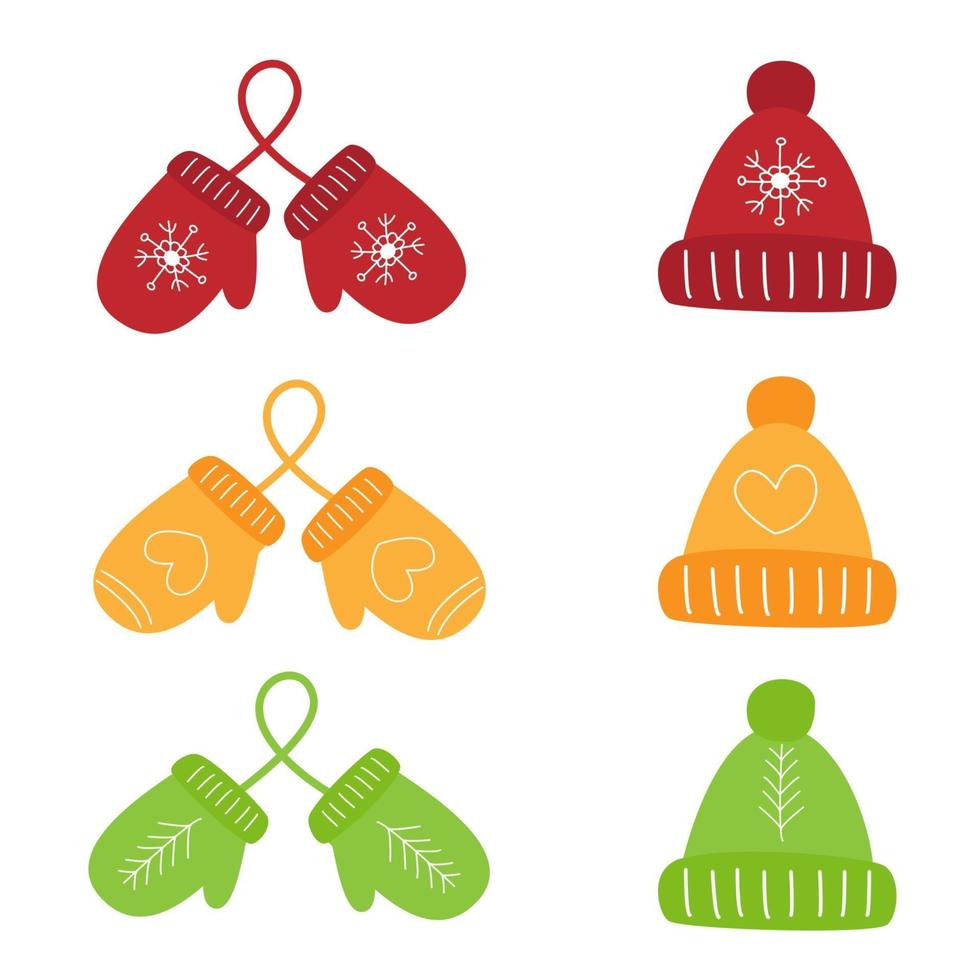 Set of colorful mittens and winter caps vector