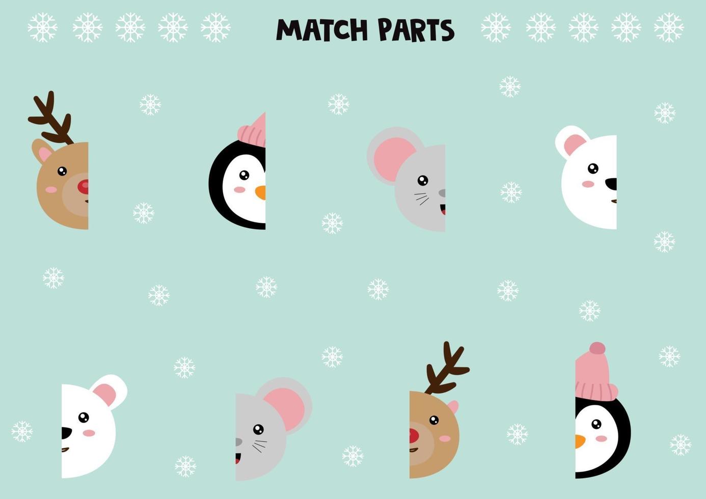 Educational worksheet for preschool kids. Match parts of different cute animals. vector