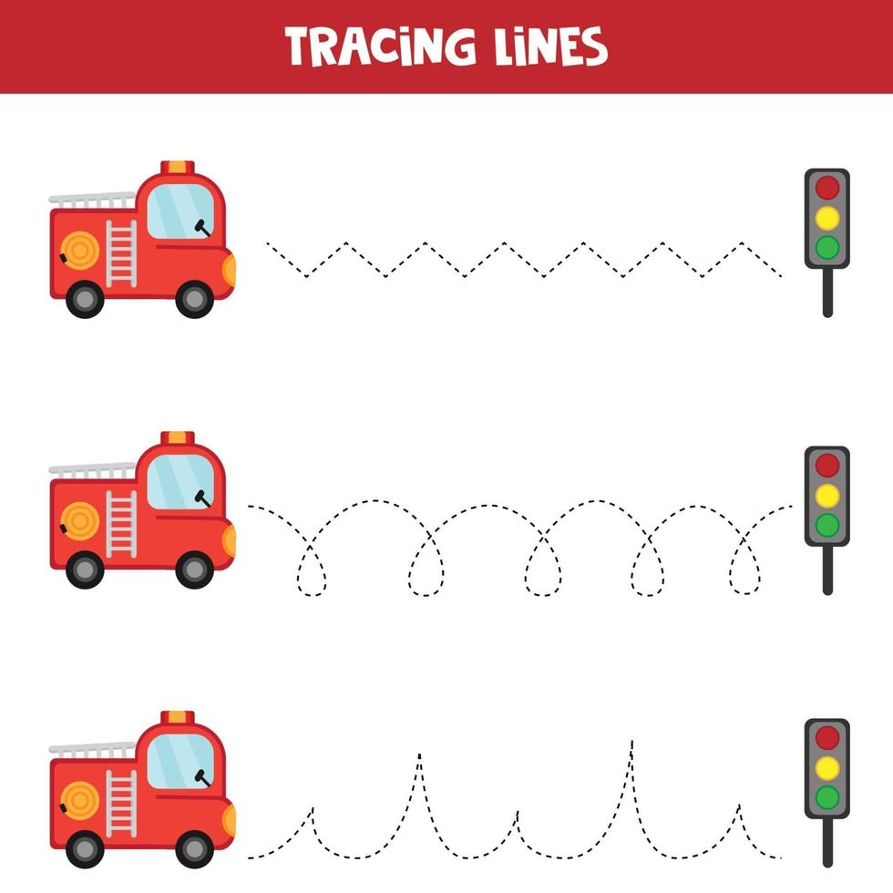 Tracing lines with fire truck. Educational worksheet for kids. Handwriting practice. vector