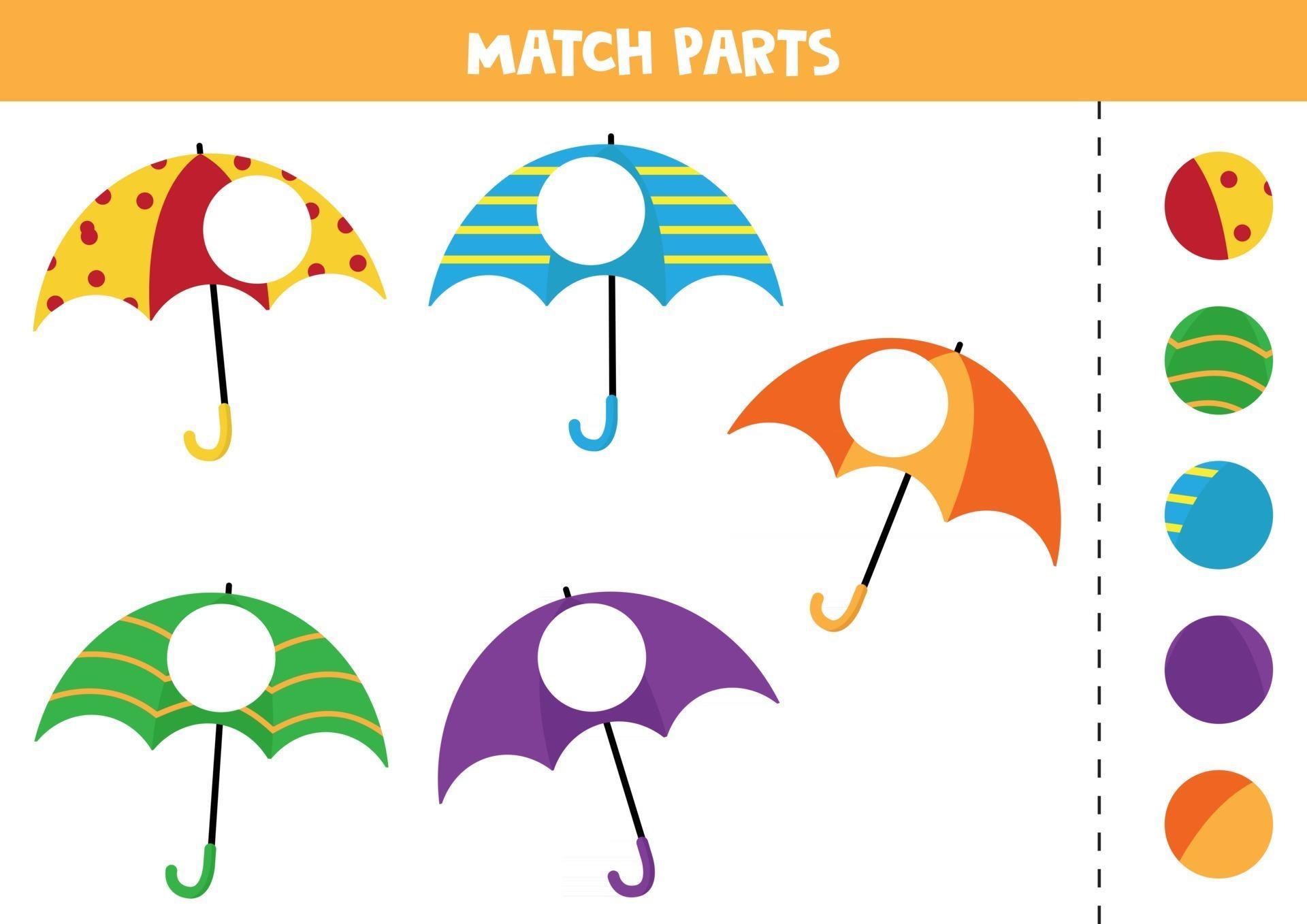 Educational worksheet for preschool kids. Match parts of umbrellas