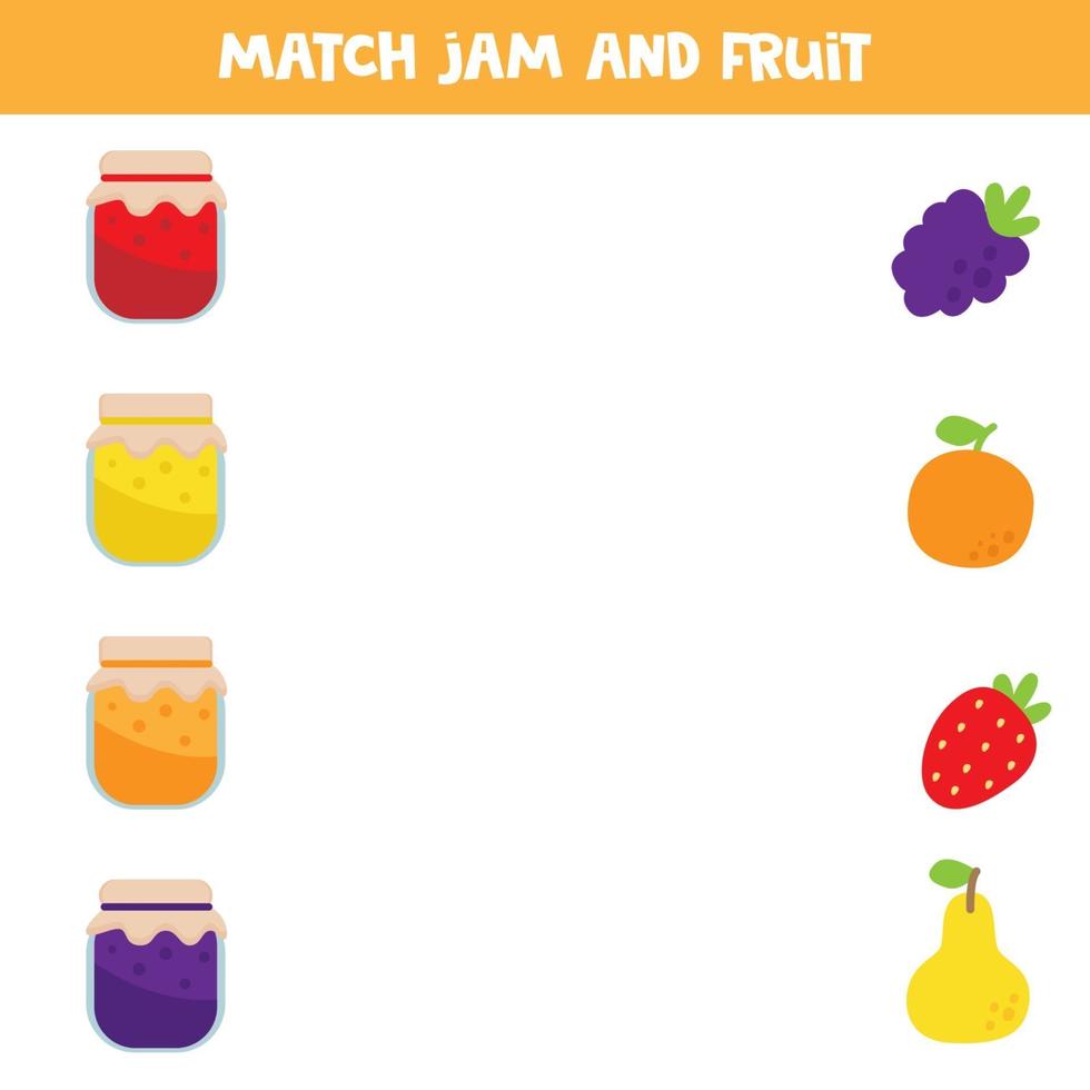 Educational worksheet for kids. Games for kids. Match jam and fruits or berries. vector