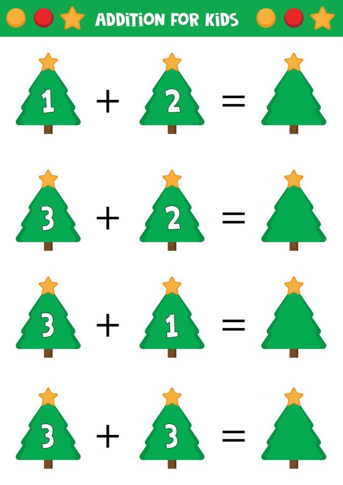 Educational worksheet for preschool kids. Addition for kids with Christmas trees. vector