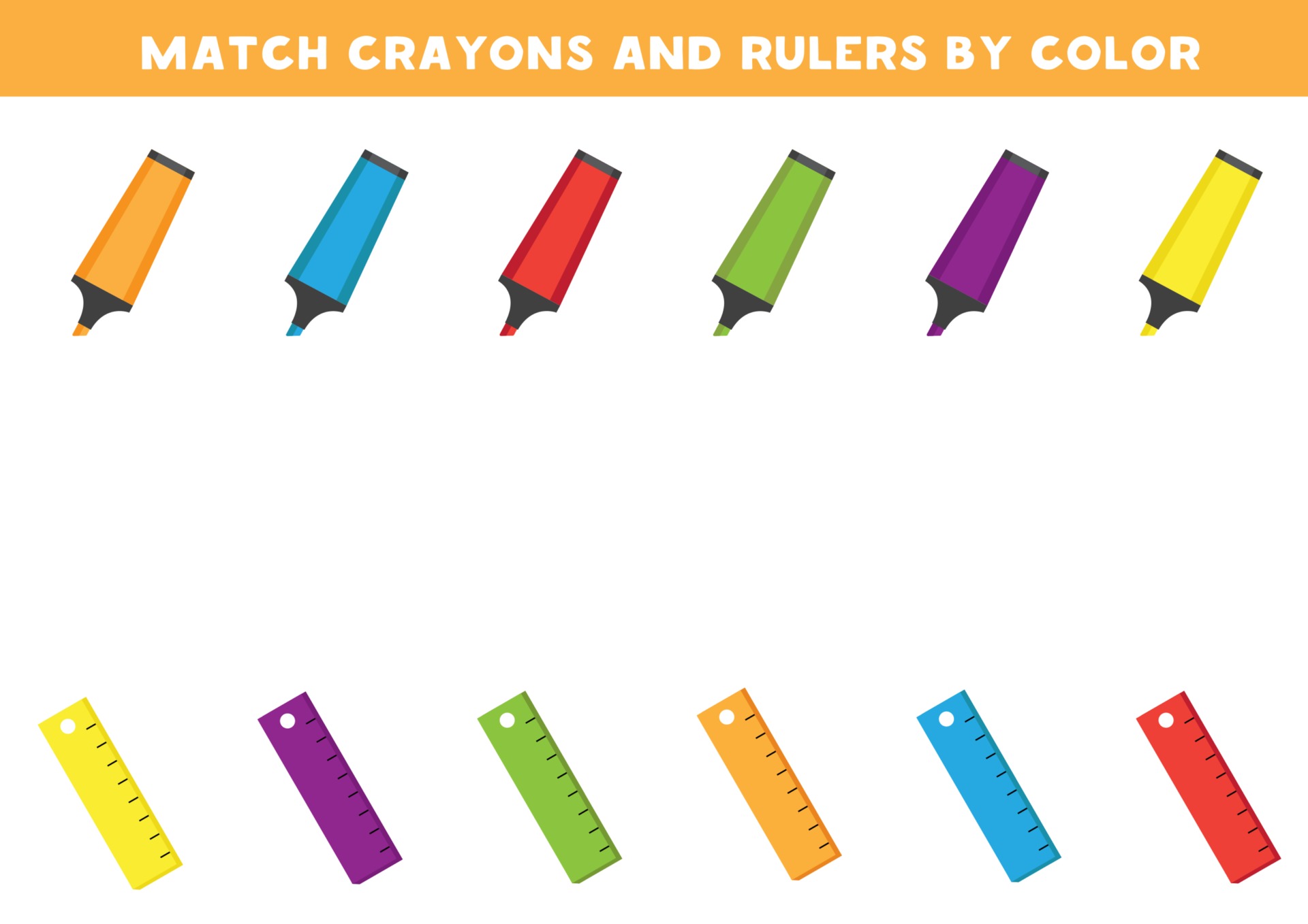 educational worksheet for preschool kids match crayons and ruler by