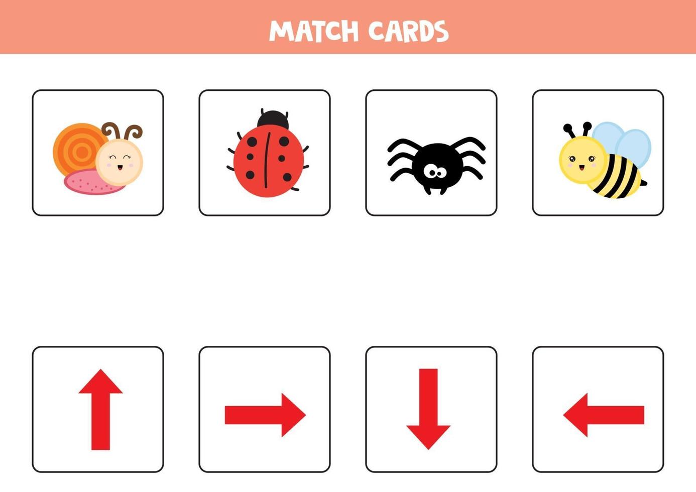 Educational worksheet for preschool kids. Match cards. Insects set. Spatial orientation for kids. vector