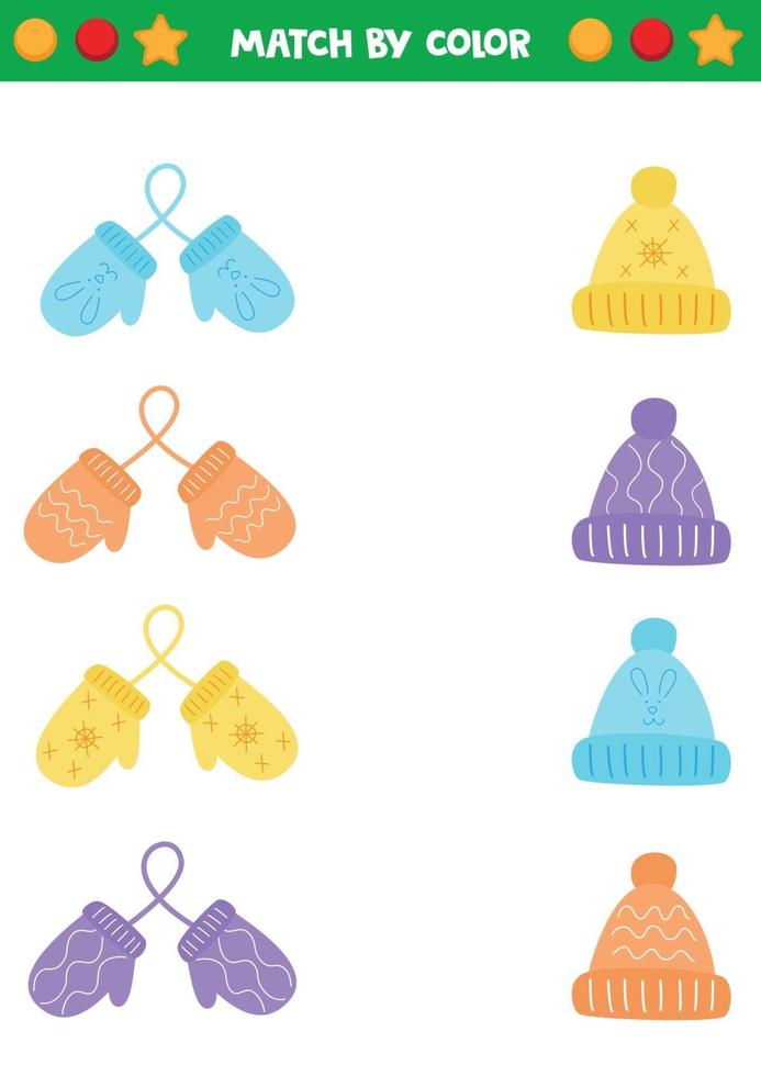 Educational worksheet for preschool kids. Match mittens and caps by colors. vector