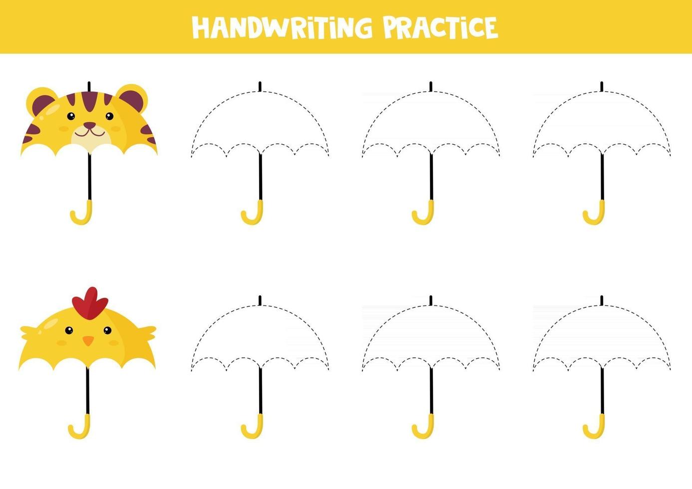 Educational worksheet for preschool kids. Handwriting practice. Trace umbrellas. vector