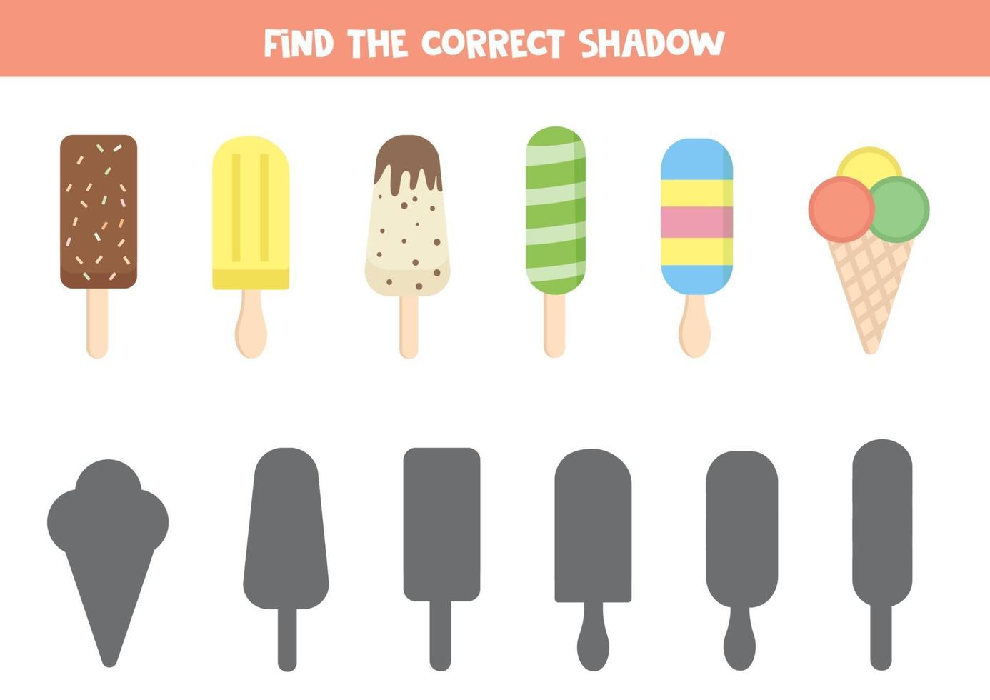 hoja de trabajo educativa para niños en edad preescolar. juego de helados. Encuentra las sombras correctas. vector