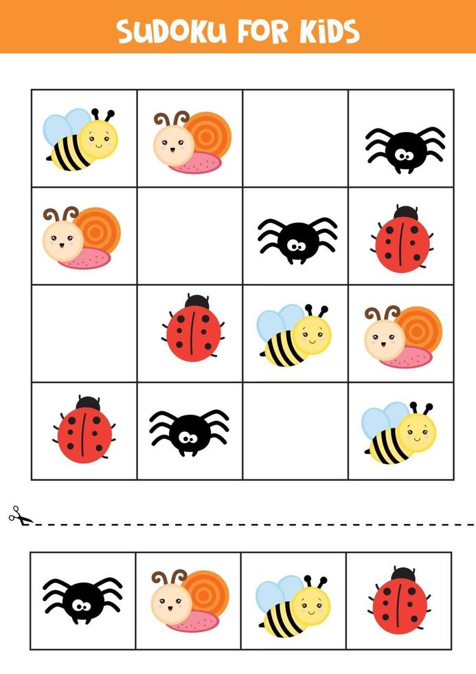 Educational worksheet for preschool kids. Sudoku for kids with insects. vector