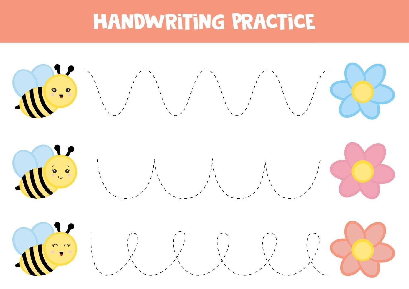 Educational worksheet for kids. Tracing lines. Handwriting practice. Bee and flower. vector