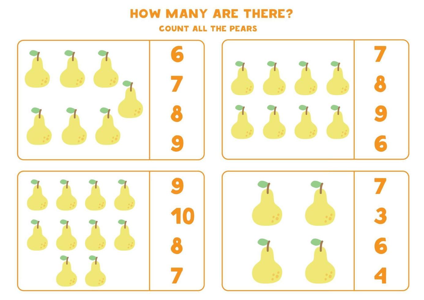 Educational worksheet for preschool kids.How many are there. Count the pears. Math game for kids. vector