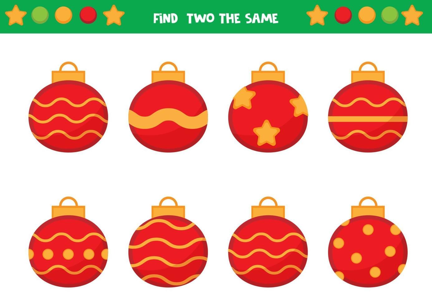 encuentra dos bolas navideñas iguales. juego educativo para niños. hoja de trabajo para niños en edad preescolar. vector