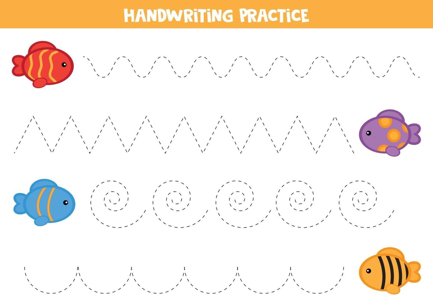Educational worksheet for preschool kids. Handwriting practice with cute colorful fish. vector