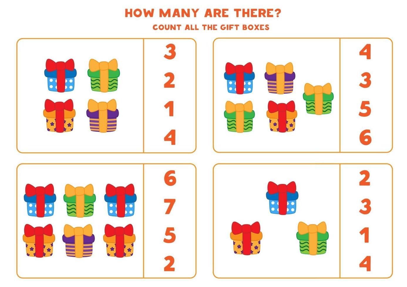 Educational worksheet for preschool kids. Count the Christmas gifts. How many are there. Math game for kids. vector