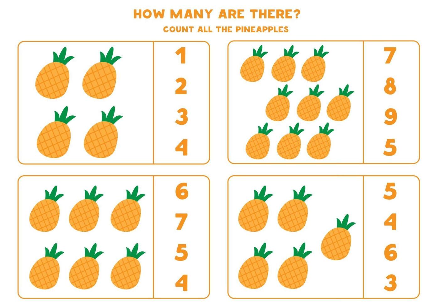 Educational worksheet for preschool kids. How many are there. Count the pineapples. Math game for kids. vector