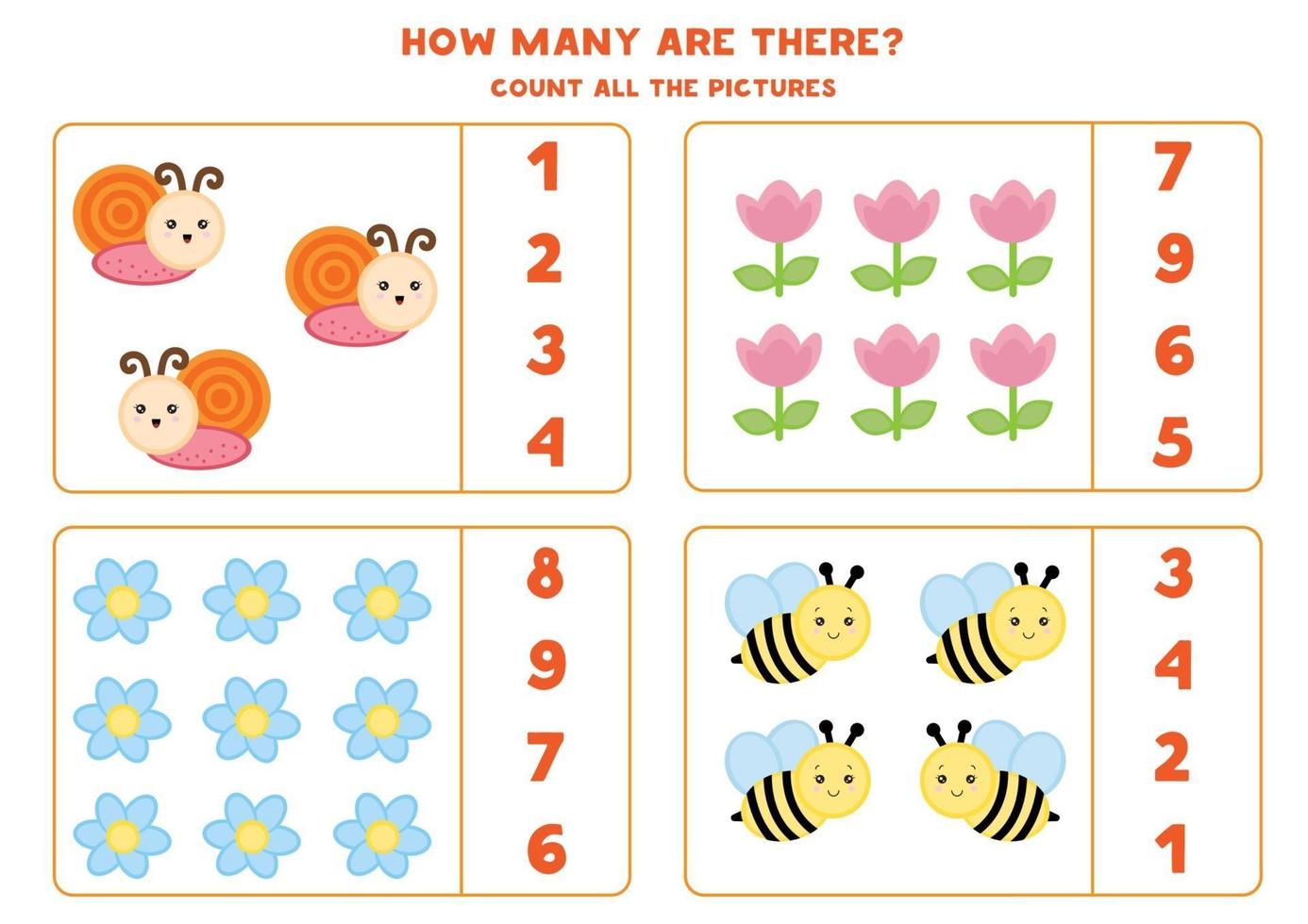 Educational worksheet for preschool kids. Count insects and flowers. Math game for children. vector