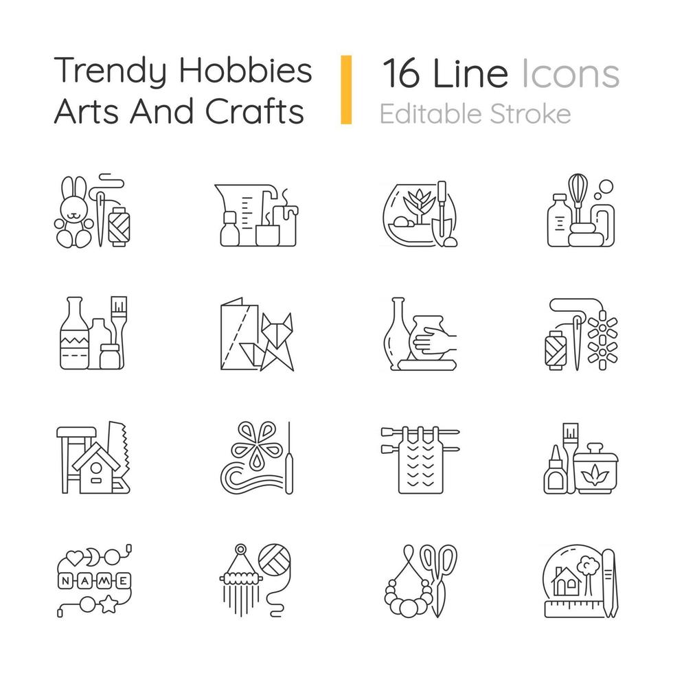 Trending hobbies linear icons set. Home business. Boho style. Craft activity. Creative reuse. Home decor. Customizable thin line contour symbols. Isolated vector outline illustrations. Editable stroke