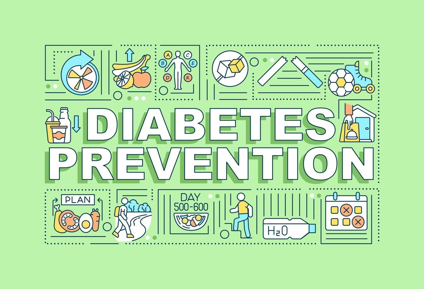 Diabetes preventions word concepts banner. Medical help. Infographics with linear icons on green background. Isolated creative typography. Vector outline color illustration with text