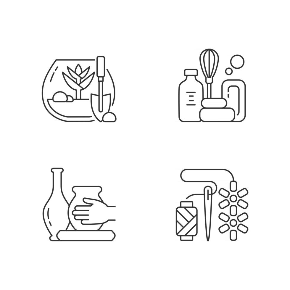 Creative hobbies linear icons set. DIY tropical terrarium. Handmade soap. Making pottery. Beadwork. Customizable thin line contour symbols. Isolated vector outline illustrations. Editable stroke