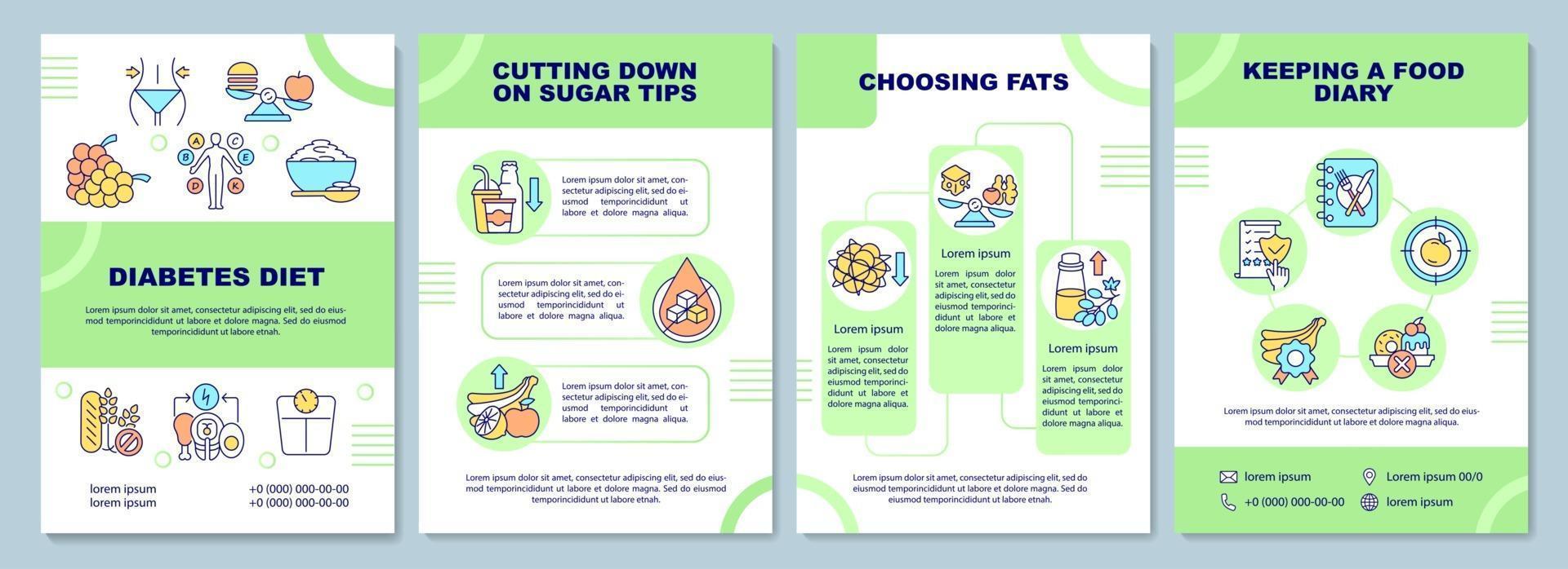 plantilla de folleto de dieta para la diabetes. reduciendo las puntas de azúcar. folleto, folleto, impresión de folletos, diseño de portada con iconos lineales. diseños vectoriales para presentaciones, informes anuales, páginas publicitarias vector