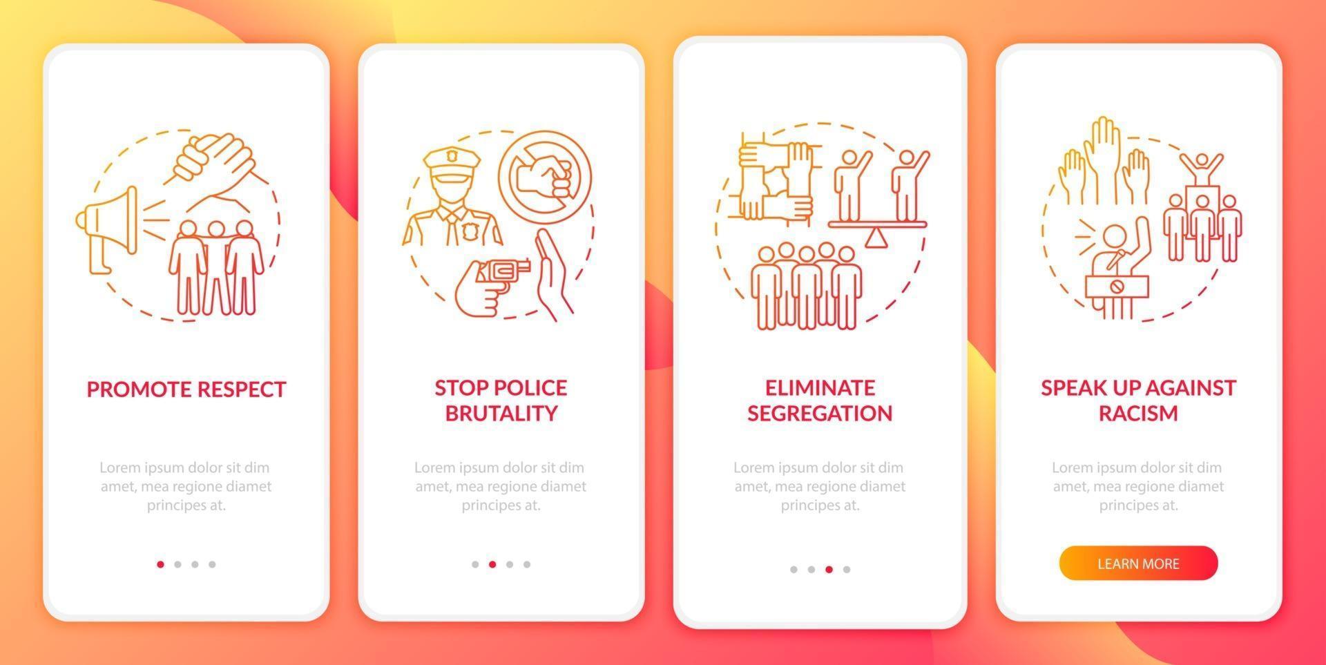 Denouncing racism onboarding mobile app page screen. Activism against injustice walkthrough 4 steps graphic instructions with concepts. UI, UX, GUI vector template with linear color illustrations