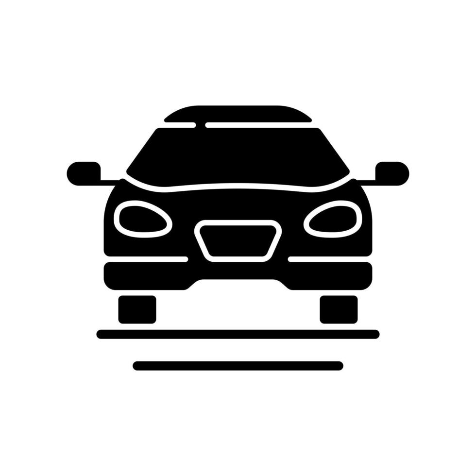 icono de glifo negro de coche sedán. transporte personal rápido. auto híbrido para viajes familiares. frente del auto. automóvil para tránsitos diarios. símbolo de silueta en el espacio en blanco. vector ilustración aislada