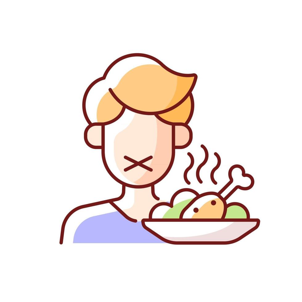 Loss of appetite RGB color icon. Restriction in food for diet. Symptom of heatstroke. Anorexia sign, lack of hunger. Isolated vector illustration. Man refuses meal simple filled line drawing