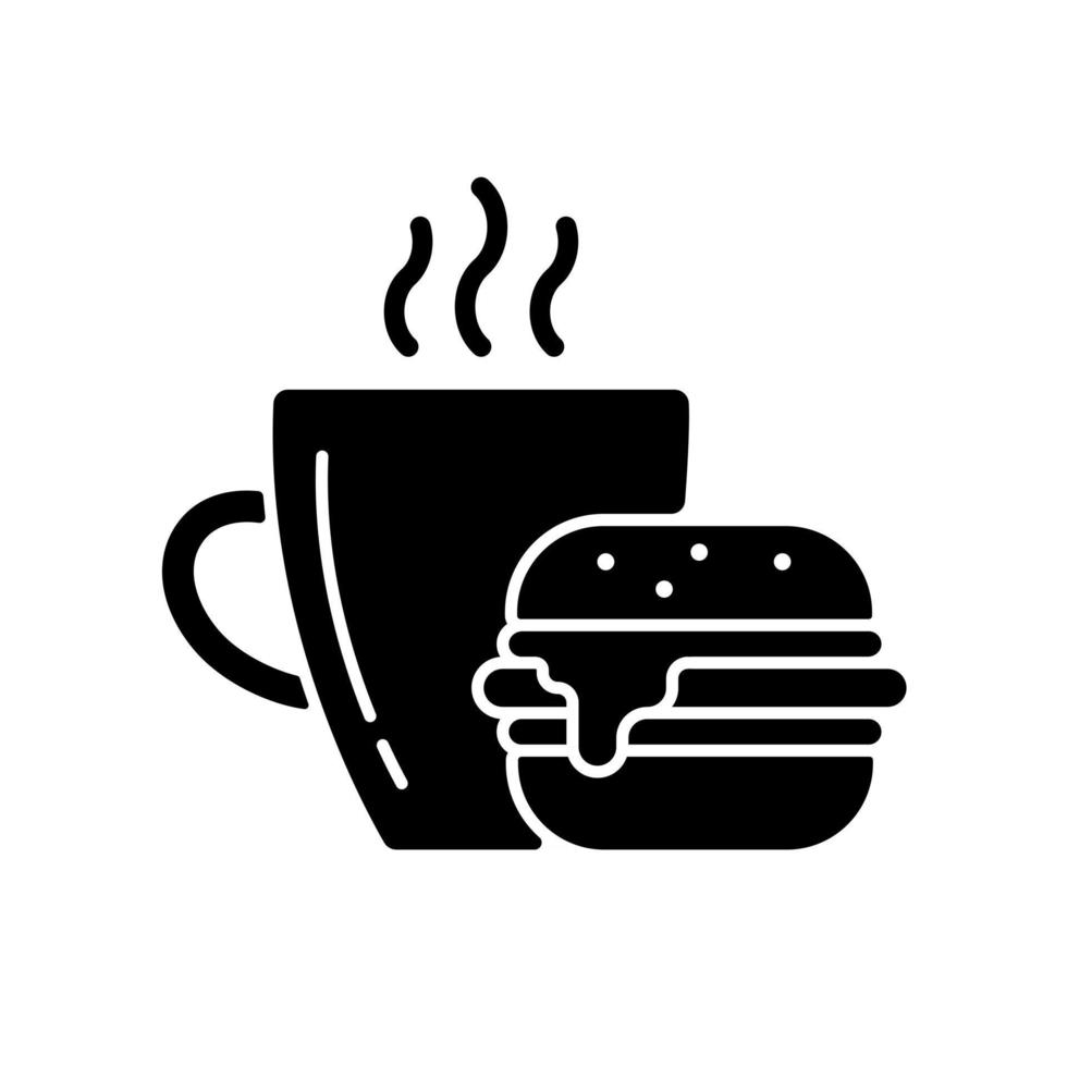 Lunch black glyph icon. Burger and drink in cup. Coffee mug with sandwich for dinner. Dining at cafe. Fast food order. Everyday routine. Silhouette symbol on white space. Vector isolated illustration