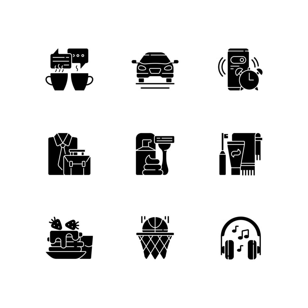 Daily routine black glyph icons set on white space. Alarm clock for work. Office worker activities. Everyday morning and evening schedule. Silhouette symbols. Vector isolated illustration
