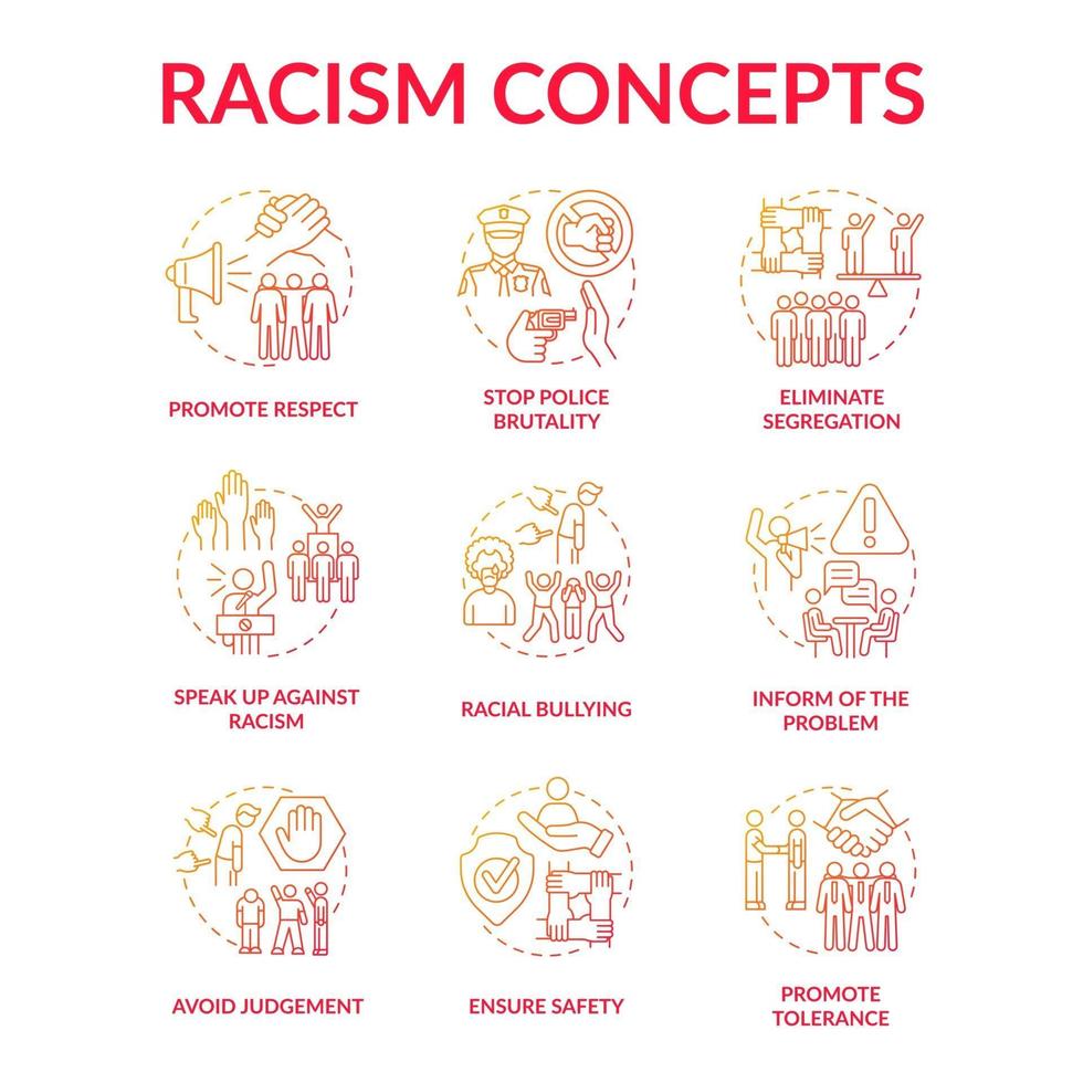 Racism concept icons set. Fighting racial discrimination and intolerance idea thin line color illustrations. Ensure safety. Tolerance promotion. Ethnic bullying. Vector isolated outline drawings