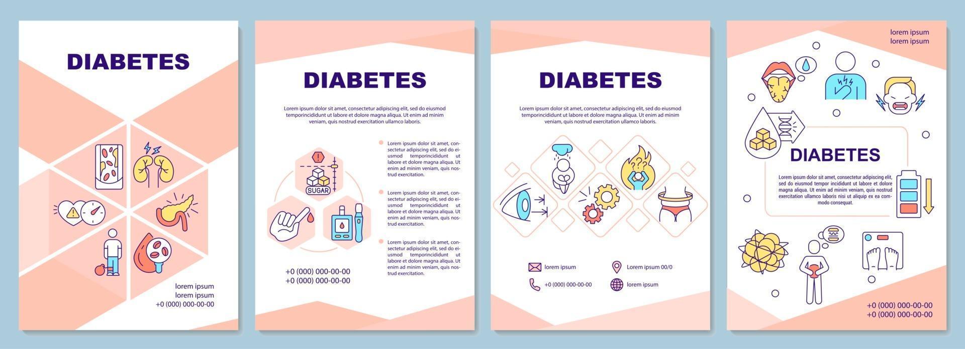 plantilla de folleto de diabetes. Dieta especial para personas enfermas. folleto, folleto, impresión de folletos, diseño de portada con iconos lineales. diseños vectoriales para presentaciones, informes anuales, páginas publicitarias vector