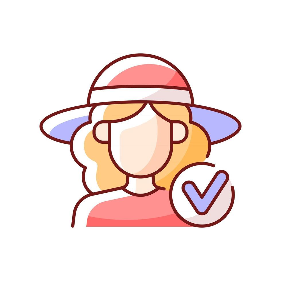 Wearing wide brimmed hat RGB color icon. Woman in outfit for beach. Avoid sunstroke with headwear during summer. Isolated vector illustration. Heatstroke prevention simple filled line drawing