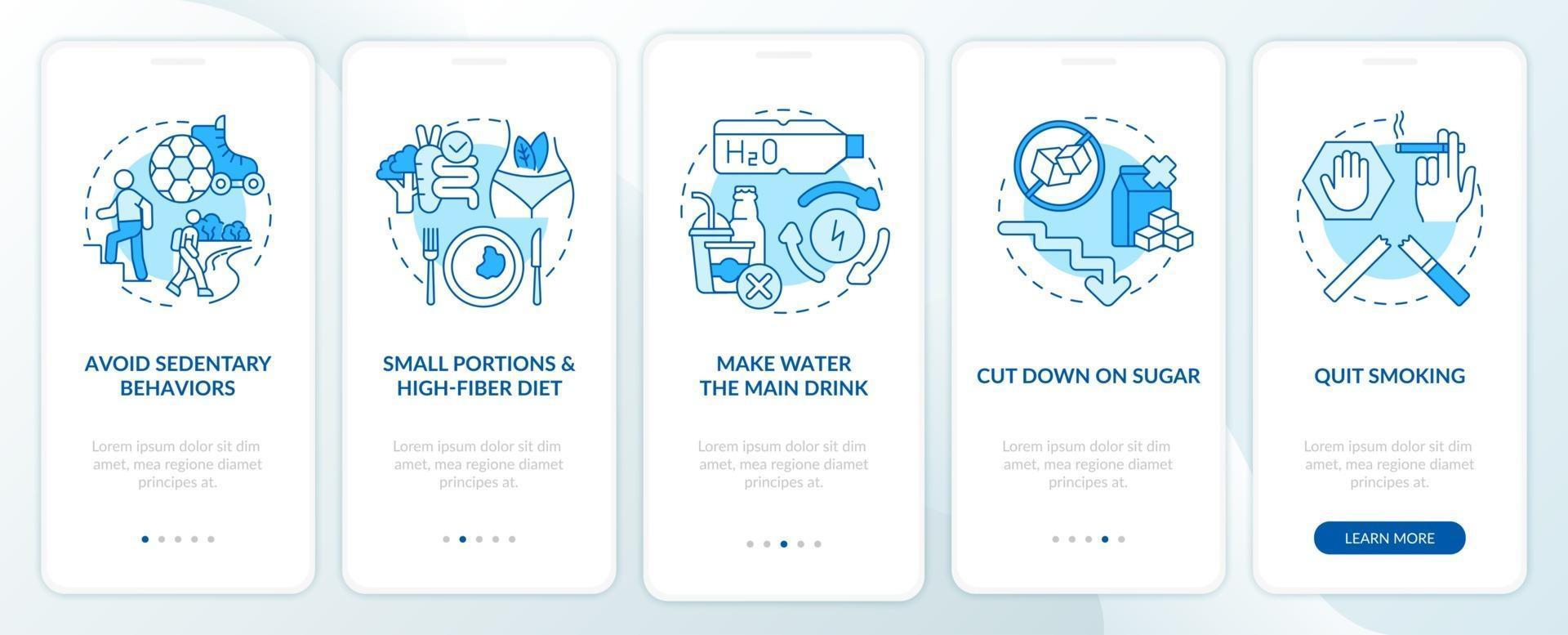 Diabetes prevention tips onboarding mobile app page screen. Sedentary behavior walkthrough 5 steps graphic instructions with concepts. UI, UX, GUI vector template with linear color illustrations
