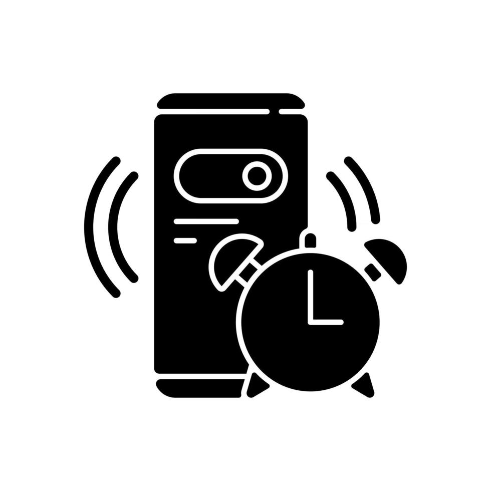 Alarm clock black glyph icon. Mobile phone for morning countdown. Setting smartphone ring for morning. Everyday routine and schedule. Silhouette symbol on white space. Vector isolated illustration