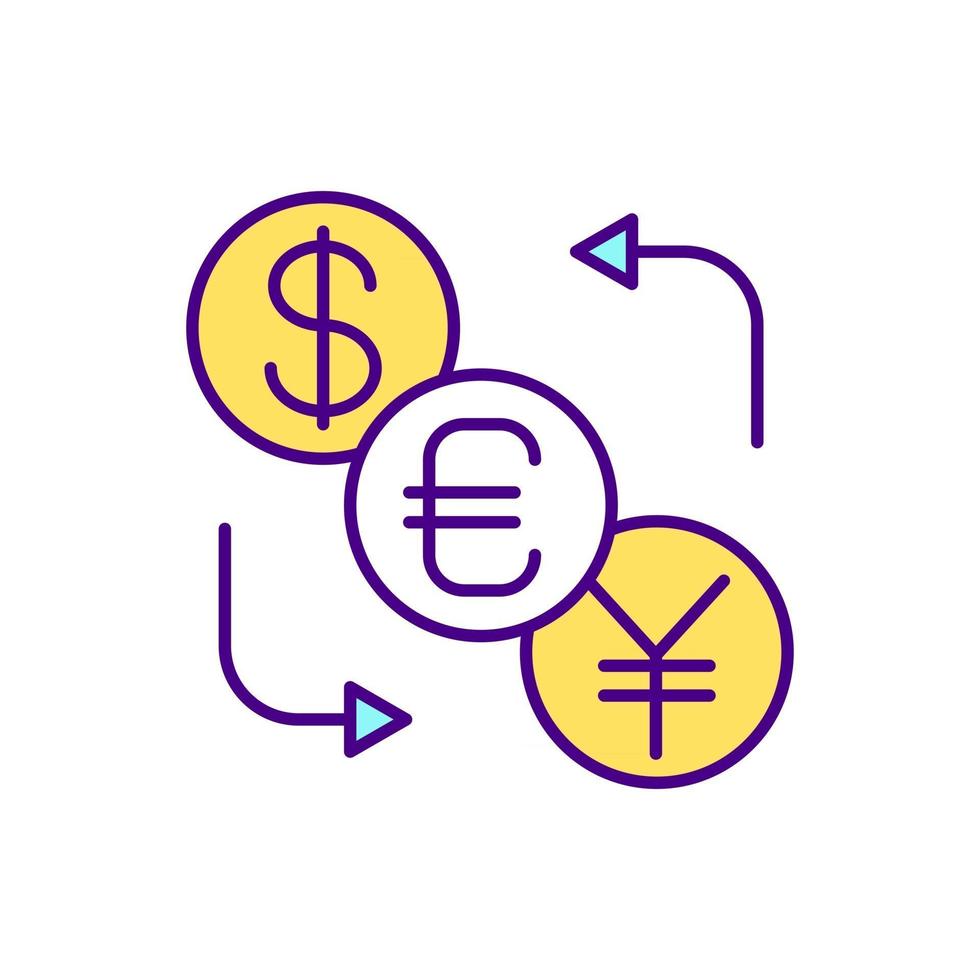 Currency conversion RGB color icon. Cross-border purchases. Cash transferring. Isolated vector illustration. Bank account. Sending money abroad. Foreign exchange rates simple filled line drawing