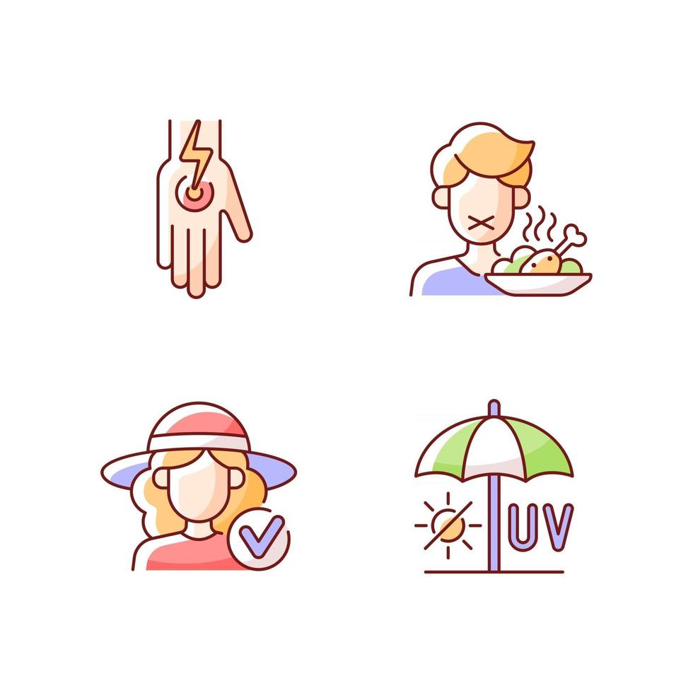 Sunstroke and sunburn RGB color icons set. Cramp in body. Loss of appetite. Avoid UV exposure. Isolated vector illustrations. Heatstroke symptoms simple filled line drawings collection