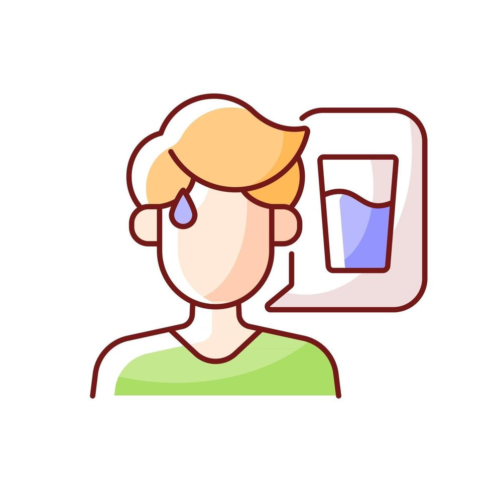 Thirst RGB color icon. Dehydration symptom during heat wave. Sign of heatstroke. Lack of water. Isolated vector illustration. Sweating man thinking of drink simple filled line drawing