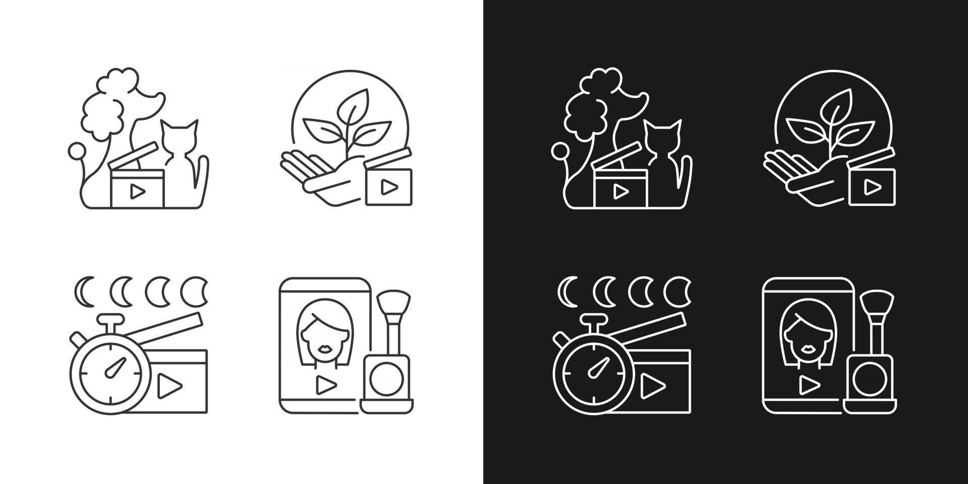 Video online linear icons set for dark and light mode. Pet animal footage. Environmental awareness. Customizable thin line symbols. Isolated vector outline illustrations. Editable stroke