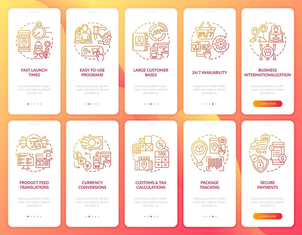 Online retailing onboarding mobile app page screens set. Ecommerce business walkthrough 5 steps graphic instructions with concepts. UI, UX, GUI vector template with linear color illustrations