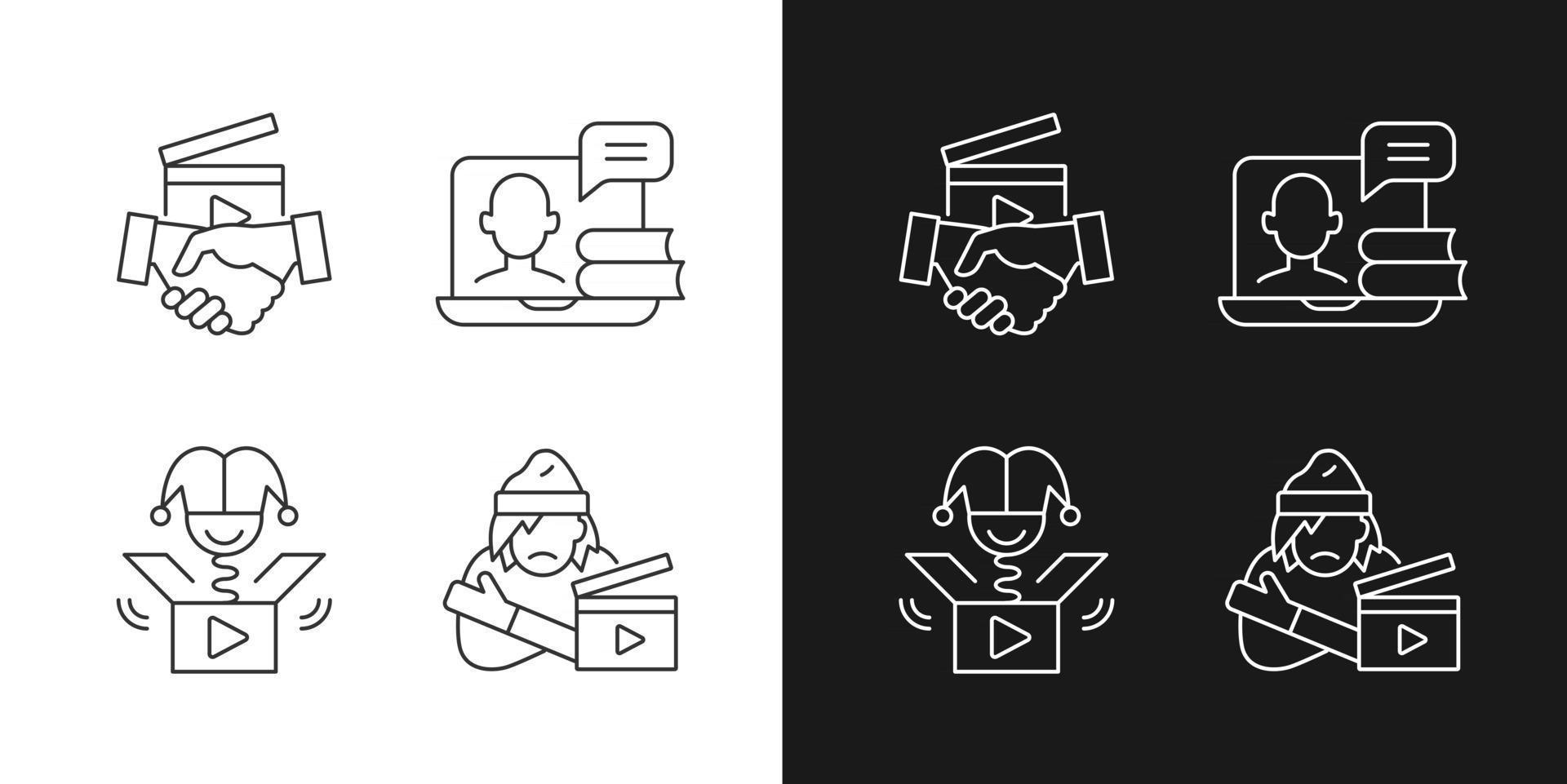 Different video linear icons set for dark and light mode. Business to business service. Online webinar. Customizable thin line symbols. Isolated vector outline illustrations. Editable stroke