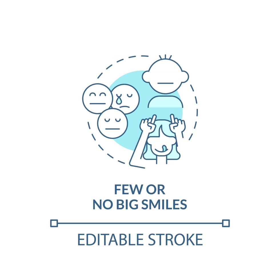 Few and no big smiles concept icon. Autism sign in kids abstract idea thin line illustration. Having trouble smiling. Making unhappy face. Vector isolated outline color drawing. Editable stroke