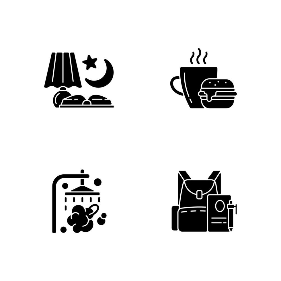 Everyday schedule and routine black glyph icons set on white space. Evening reading. Lunch meal. Shower and bath. School backpack. Daily activities. Silhouette symbols. Vector isolated illustration