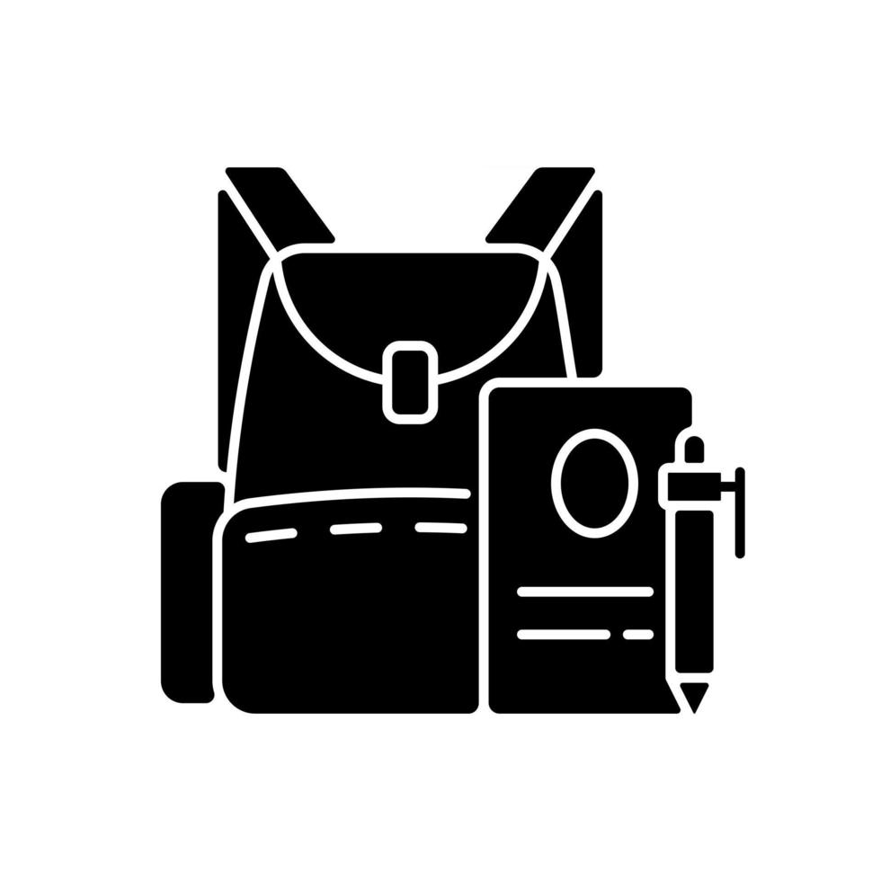 Backpack black glyph icon. Preparing for school classes. Schoolbag with notebook for student. Rucksack with items. Everyday routine. Silhouette symbol on white space. Vector isolated illustration