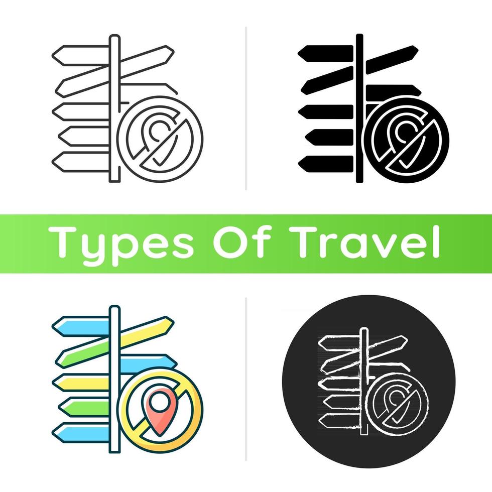 No destination travel icon. Signpost with different directions. Restriction in location. Tourism industry limitation. Linear black and RGB color styles. Isolated vector illustrations